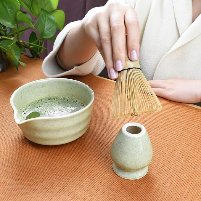 Artcome 7-Piece Matcha Tea Set - Complete Japanese Ceremony Kit with Bowl, Whisk, Scoop, Strainer & Guide, Mottled Light Green