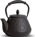 Cast Iron Teapot, 32oz Japanese Sakura Blossom Pattern Tea Kettle, Stovetop Safe, Infuser for Loose Leaf & Coffee, Silicone Handle, Enamel Interior, 950ml Black