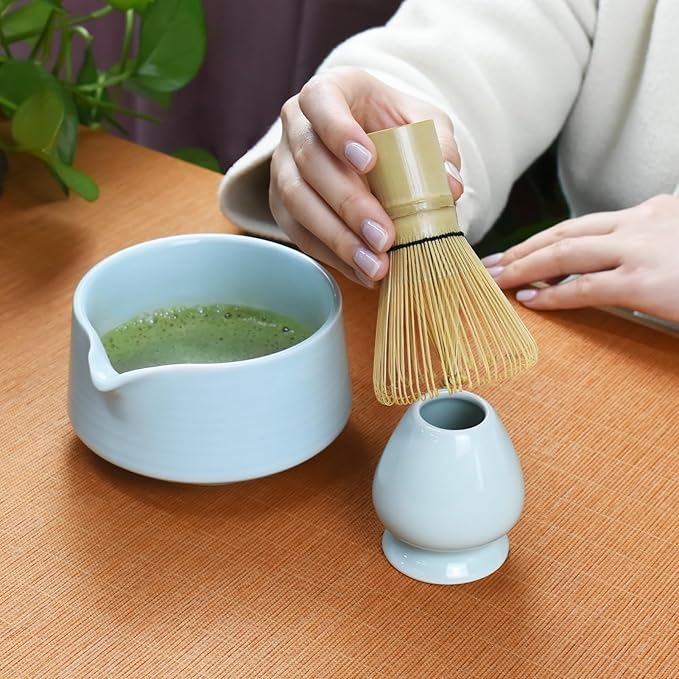 Artcome Matcha Tool Set - Complete Kit with Matcha Bowl with Spout, Bamboo Whisk, Tea Scoop & Whisk Holder, Celadon Blue