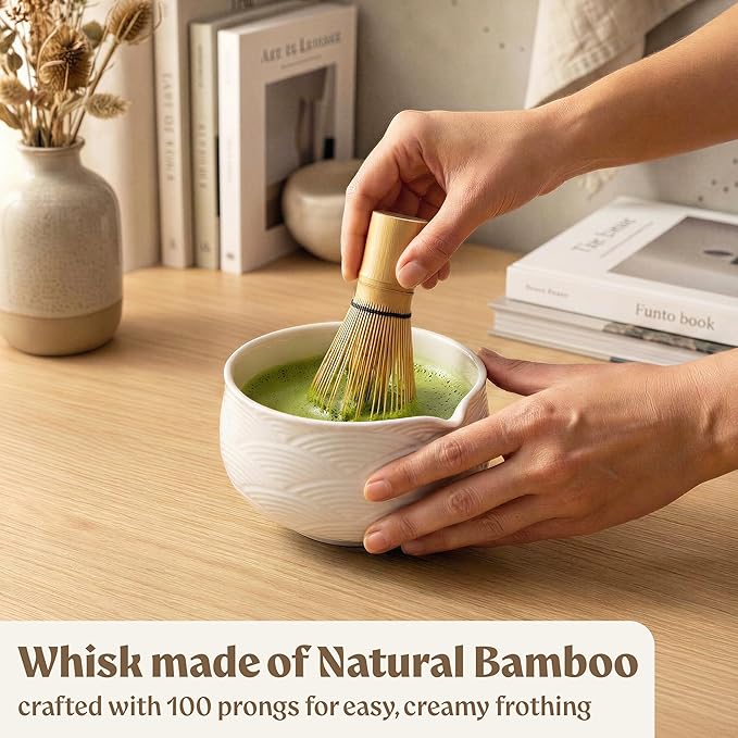 Matcha Kit Whisk Set (7 Pcs) - Complete Matcha Set, Matcha Bowl with with Bowl, Whisk and Holder, Bamboo Spoon/Scoop, Scoop Rester and Sifter incl. Booklet