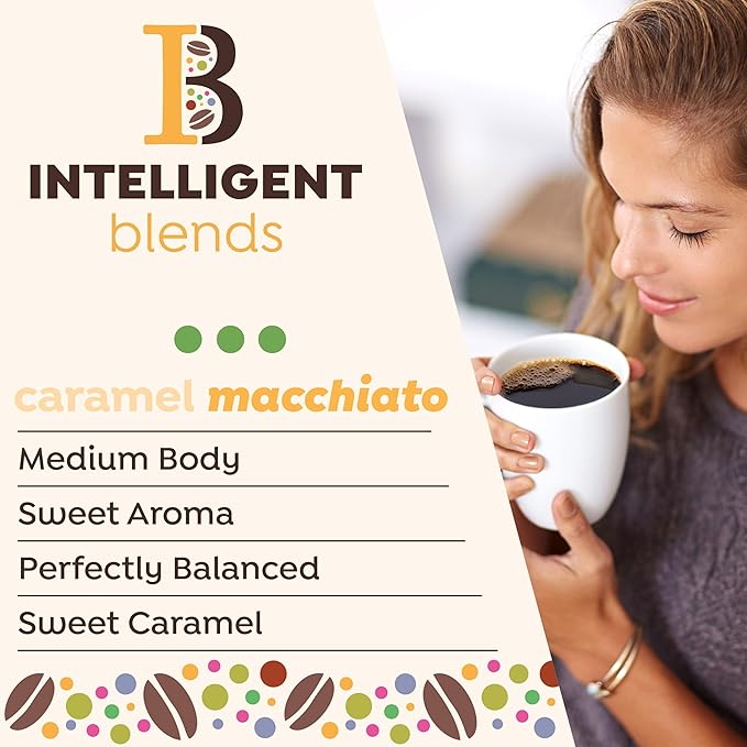 Intelligent Blends Caramel Macchiato Flavored Coffee Pods, 100 ct, Medium Roast Recyclable Single Serve Pods – 100% Arabica Coffee, Compatible with Keurig K Cups Maker