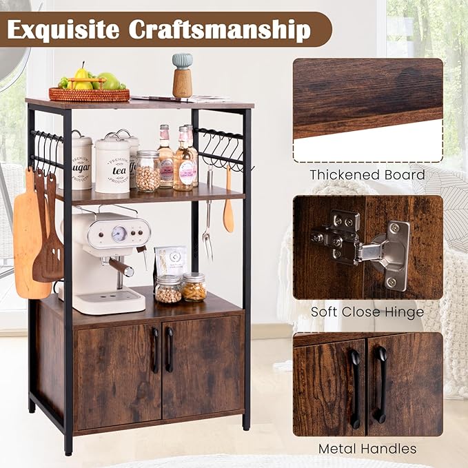 GOFLAME Kitchen Baker's Rack with Cabinet, 3-Tier Pantry Cabinet with 2 Open Shelves, 10 S-Shaped Hooks, Industrial Microwave Oven Stand with Metal Frame, Bookshelf Rack for Living Room, Brown