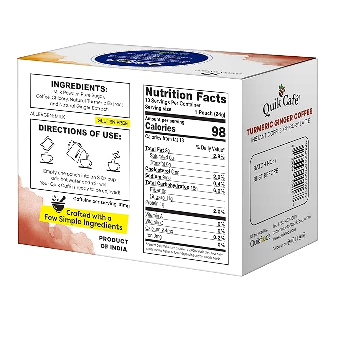 QuikCafe Turmeric Ginger Coffee – 10 Count, Bold Turmeric Ginger Flavor, Naturally Caffeine-Light, no preservatives, – Just Add Hot Water