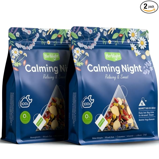 HerbLight Nighty Night Extra Tea – Valerian Root, Chamomile & Lavender Sleep Blend. Extra Strength Caffeine-Free Herbal Tea for Deep Night-Time Rest, 2 Pack (Total 30 Bags)