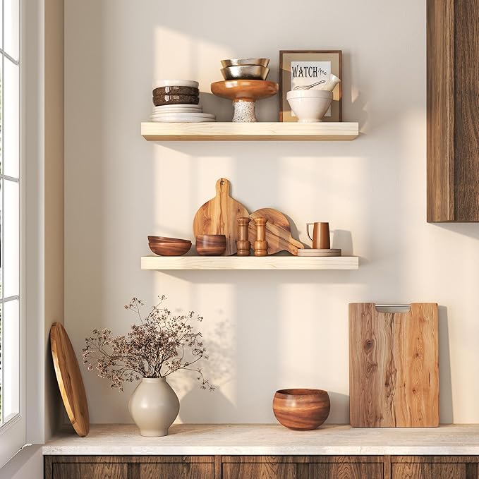 Fun Memories Farmhouse Floating Shelves - 8 Inch Deep Rustic Wood Wall Shelf - Premium Solid Pine Wood Storage Shelf for Kitchen Living Room Bedroom - 24" W x 8" D - Set of 2 - No Stain - Unfinished