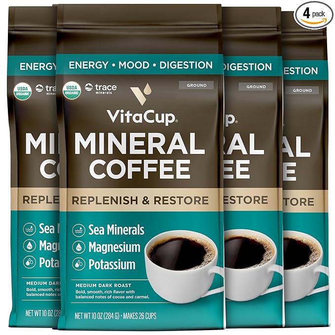 VitaCup Mineral Coffee with Trace Minerals, Hydrate, Replenish & Restore w/All Natural Sea Minerals, Electrolytes, Organic Coffee, Single Origin, Medium Dark Roast, Ground Coffee, 4 Bags 10oz Each