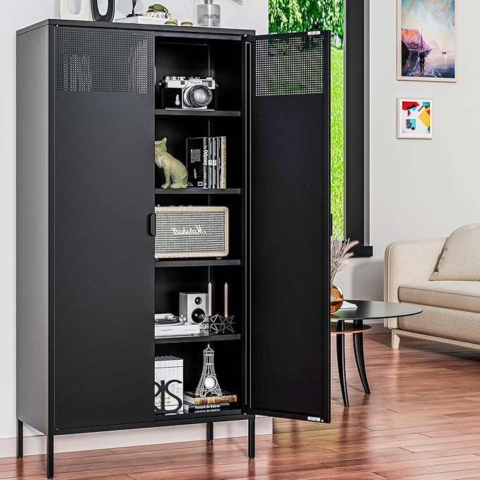 Black Metal Storage Cabinet with Doors and 4 Adjustable Shelves,Metal Locker Storage Cabinet, Metal Tool Cabinet, 71" Steel File Cabinet for Office, Home, Garage, School