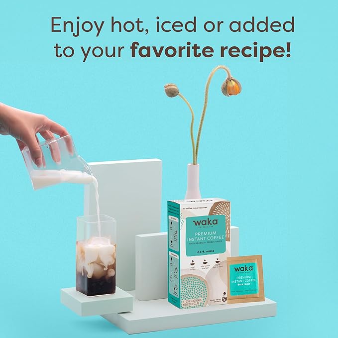 Waka Premium Instant Coffee Sachets — 100% Arabica Freeze Dried Beans — For Hot or Iced Coffee (8 Count, Dark Roast)