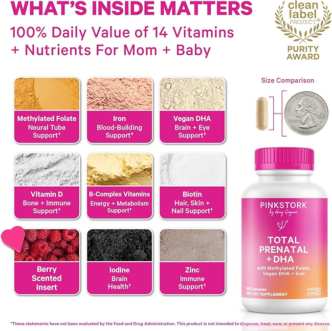 Pink Stork Total Prenatal Vitamins with DHA, Folate, and Iron, 3 Month Supply to Help Support Fetal Development, Pregnancy Must Haves - 180 Capsules