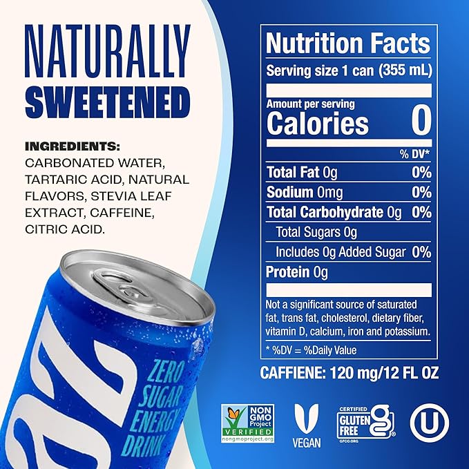 Zevia Zero Sugar Energy Drink, Kola, 12 oz Cans (12-Pack) – Naturally Sweetened, Non-GMO Project Verified, Gluten-Free, Vegan