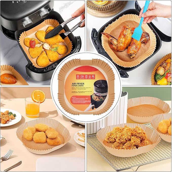 Air Fryer Liners Disposable 7.9” Square Airfryer Liners, 100 Pcs Air Fryer Parchment Paper Liners, Non-Stick airfryer paper liners, Air Fryer Cheat Sheet Magnets Over 200 Foods (Air Fryer Accessories)