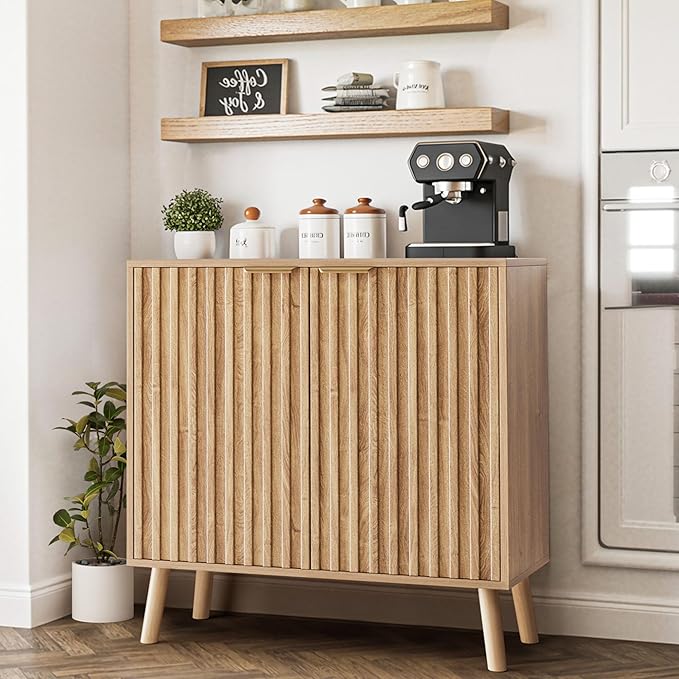 Pamapic Fluted Storage Cabinet, Sideboard Buffet with Doors and Shelf, Wooden Console Table & Credenza, Multifunctional Entryway Cabinet for Living Room, Dining Room (Natural)