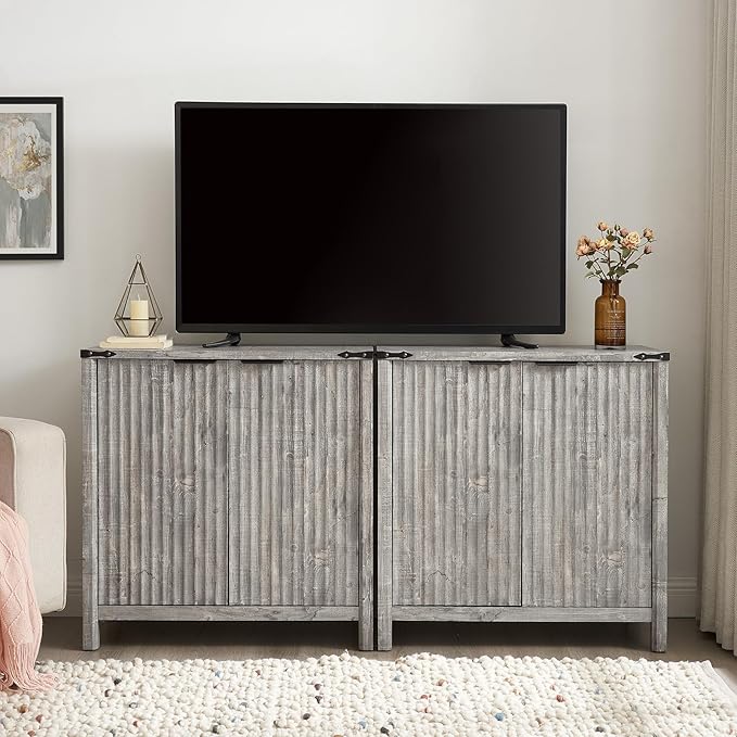 32-inch Fluted Sideboard Cabinet - Rustic Modern Farmhouse Storage Organizer with Adjustable Shelves, Coffee Bar, Entryway Furniture for Kitchen, Living Room (Grey)