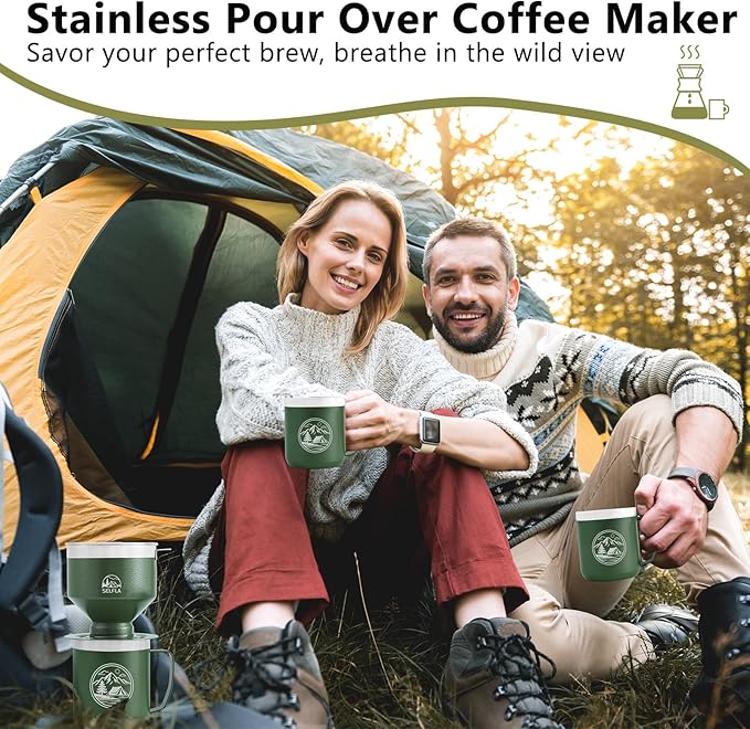 Portable Coffee Filter, Stainless Steel Reusable Dripper for Insulated Mugs, Paperless Coffee Maker for Hiking Camping & Outdoor Adventures, Lightweight Easy Clean & Gift Ready