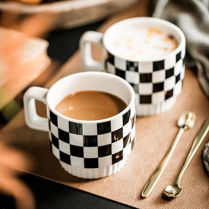 Stackable Coffee Mug Set of 4 with Rack 11 oz Tea Cup Set with Little Spoon for Coffee Tea Cocoa Milk, Checkered Black and White Pattern Coffee Mug for Housewarming Gift