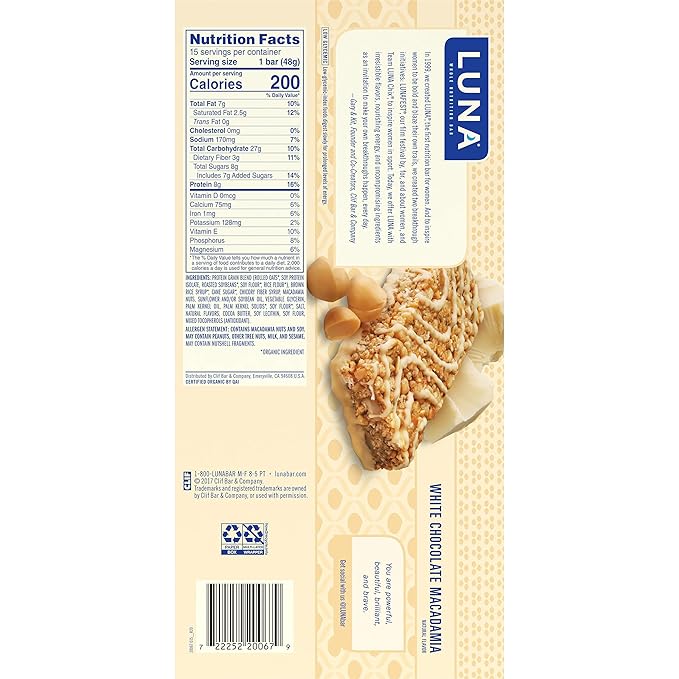 Clif, Bar Luna White Chocolate Macadamia 15 Count, 25.35 Ounce