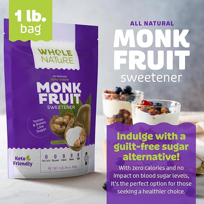 Whole Nature Monk Fruit Sweetener 1:1 Baking Sugar Substitute Made in the USA – Granulated Blend With Erythritol – Zero Calorie – Keto – Paleo – Non-GMO – Kosher - Natural Alternative – 1lb Pouch