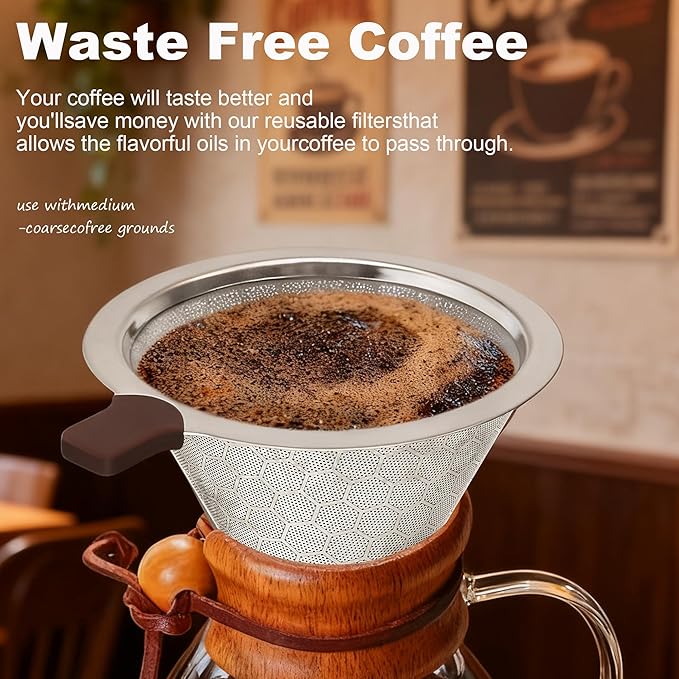 Stainless Steel Pour Over Coffee Filter for Chemex & Hario V60 - Reusable Coffee Filter Cone Dripper, Dual Mesh Fine Stainless Steel Coffee Filter Compatible with Chemex Coffee Maker & Other Brewers