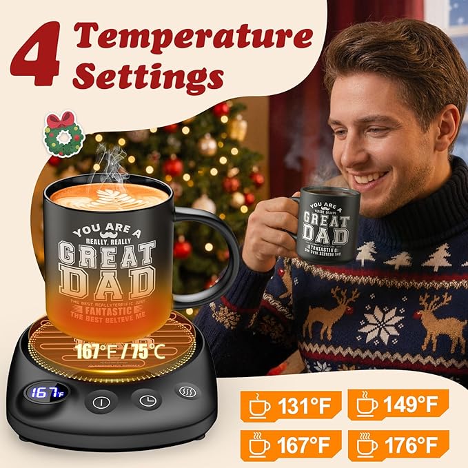 Coffee Mug Warmer - Fastest Heating & Highest Temperature, Coffee Cup Warmer for Desk Auto Shut Off, 4 Temp Settings & 1-12H Timer, Smart Electric Beverage Warme (Cup Warmer Set for dad)