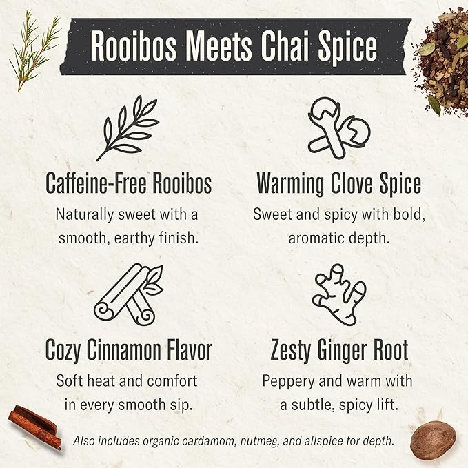 Numi Organic Rooibos Chai Tea Loose Leaf, Caffeine-Free Chai Tea with Spices, 16 oz Bulk Pouch, Herbal Tea, Smooth Bold Flavor Brews 200 Cups