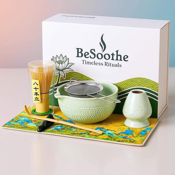 Matcha Whisk Set 8Pcs – BeSoothe Premium Japanese Tea Ceremony Kit, 8 Pcs with Spout Bowl, Bamboo Whisk & Holder, Scoop, Sifter, Tea Towel – Magnetic Gift Box for Matcha Lovers