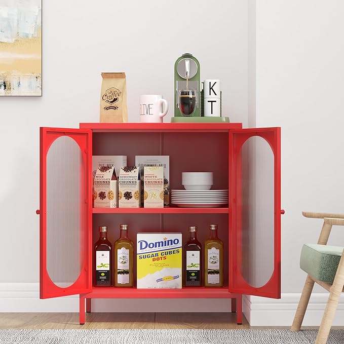 Small 2 Transparent Door Metal Storage Side Buffet Cabinet for Bed Room,Living Room,Entryway,Hallway,Home,Hotel,Office,Garage,Kitchen,1 Removable Shelf. (Transparent Door, Red)