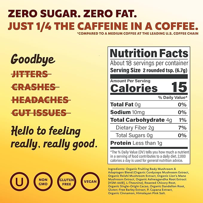 Joey Mushroom Coffee Alternative with Cacao Dandelion Root, and Chicory, Instant Mushroom Coffee Substitute with Superfoods, Vegan Gluten-Free Energy Drink for Focus and Calm, 18 Servings