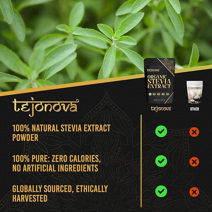 tejonova Organic Stevia Powder, 5oz, Stevia Sweetener, Stevia Organic, Stevia Extract Powder, Zero Calorie Sweetener, Stevia Sugar Substitute, Pure Stevia No Additives, 1014 Servings