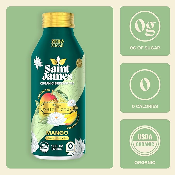 Saint James Iced Tea x The White Lotus Limited Edition - Organic Black Tea - Non-GMO, Gluten Free, Zero Calorie, Zero Sugar - Mango, 12 Pack (16.9 fl oz each)