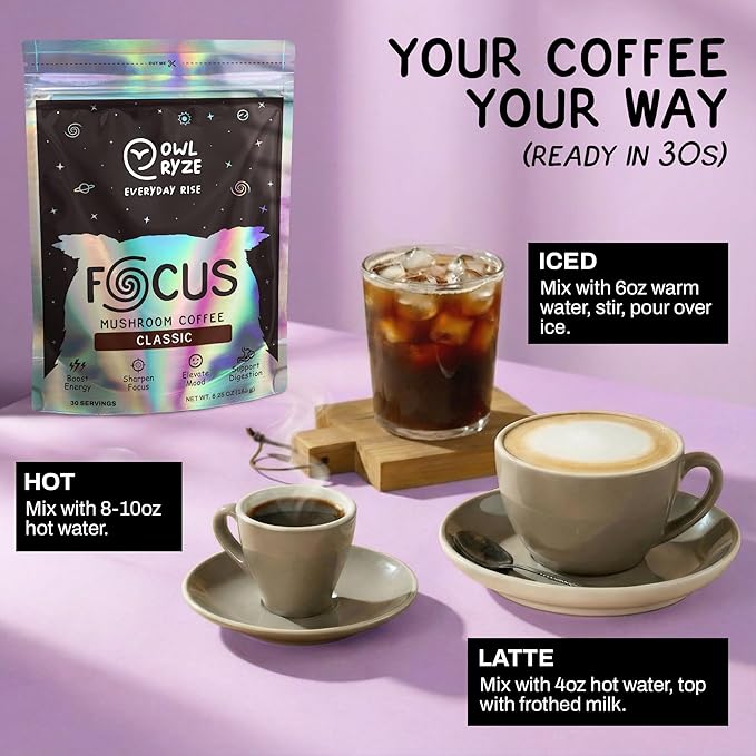 OwlRyze Mushroom Coffee Focus Classic with 6 Adaptogenic Mushrooms, MCT Oil, Premium Instant Coffee for Better Energy, Focus, Digestion, Immunity with Lions Mane & Turkey Tail, 30 servings