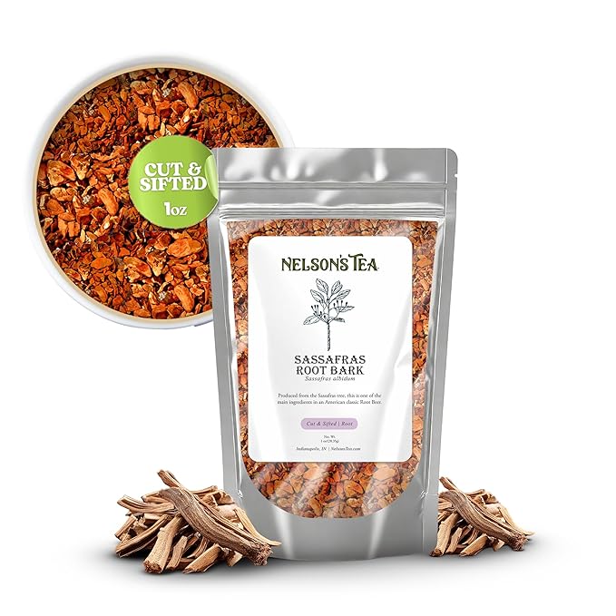 Nelson’s Tea - Sassafras Root Bark Cut & Sifted - Caffeine Free - Classic Root Beer Herbal Blend Tea, Premium Sassafras Albidum Aroma for Brewing, Mixing & Wellness, Freshly Packed Resealable Bag -1oz