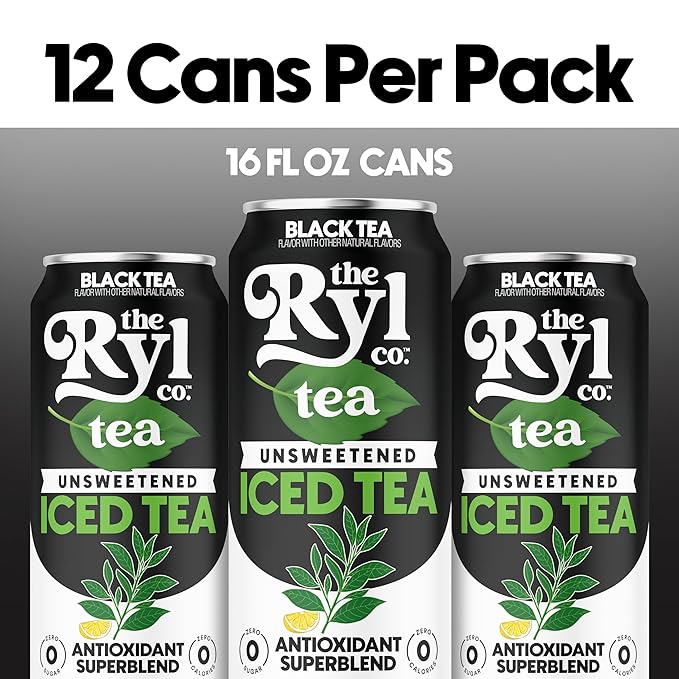 Ryl Iced Tea, Unsweetened Black Tea, Antioxidant Superblend, Zero Sugar, Zero Carb, Zero Calorie Iced Tea, 16.0 Fl Oz (12-Pack)