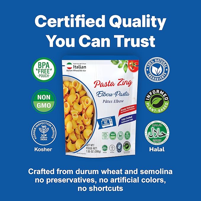 Pasta Zing Elbow Pasta, 100% Durum Wheat, 14g Protein, Made with 2 Clean Ingredients, Al Dente Bite, Zero Sodium & Cholesterol, Non-GMO, 7.05oz Pack of 7