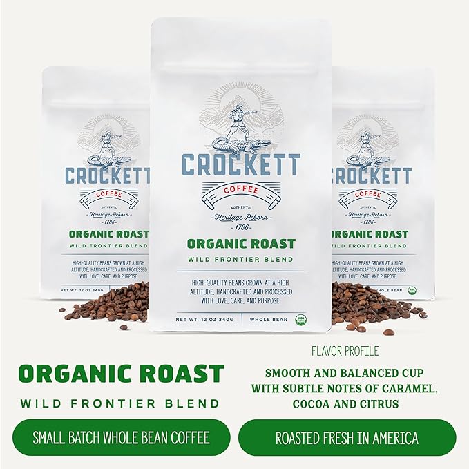 Crockett Whole Bean Coffee – USDA Organic Medium Roast Whole Coffee Beans with Smooth Flavor, Bold Aroma & Clean Finish – Healthy for Focused Energy, All-Day Drive & Guilt-Free Brewing
