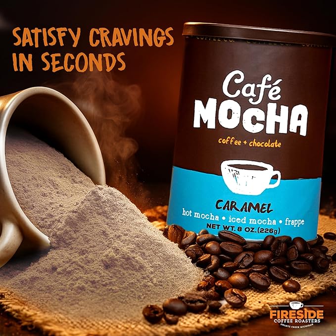 Fireside Coffee Caramel Cafe Mocha - Premium Instant Coffee Chocolate Blend - Versatile Caffeinated Drink Mix for Hot, Iced, Milkshake, and Mocha Frappe Mix, Only Add Water and Enjoy, 8 Ounces