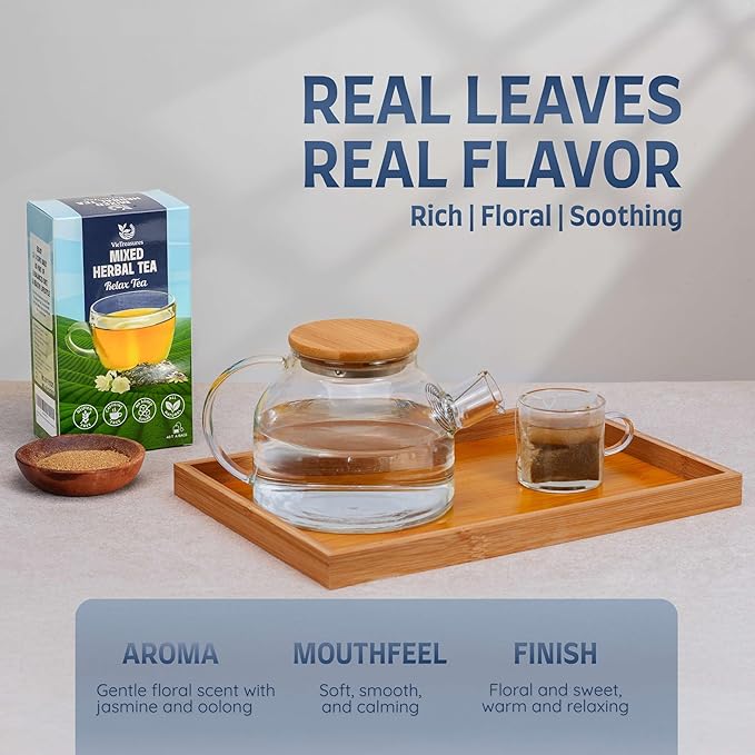 VieTreasures Relax Herbal Tea – 40 Tea Bags | Promotes Relaxation | Tieguanyin Base with Passionflower & Honeysuckle | Jasmine Infusion, Caffeine-Free, Sugar-free, Organic Blends, 2.8oz