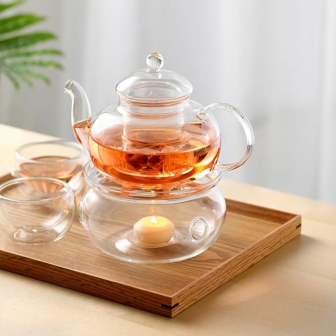 CnGlass 33.8oz Glass Teapot with Removable Infuser,Stovetop Safe Tea Kettle with 4-Pack Glass Teacups 3.4oz and Tea Warmer 5.3 in/13.5cm Diameter