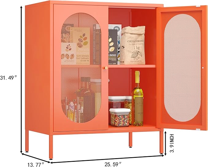 Small 2 Transparent Door Metal Storage Side Buffet Cabinet for Bed Room,Living Room,Entryway,Hallway,Home,Hotel,Office,Garage,Kitchen,1 Removable Shelf. (Mesh Door, Orange)
