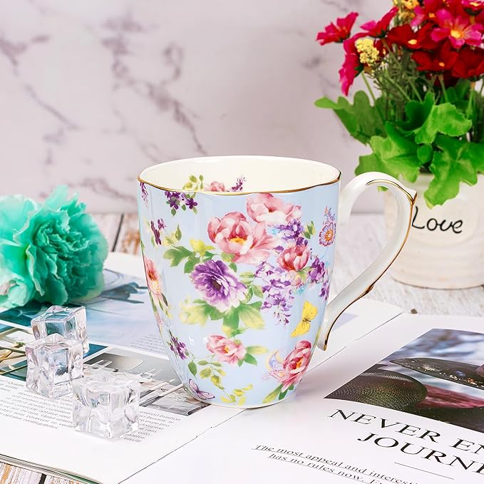 13oz Bone China Floral Mug with Gold Bone China Coffee Mugs Bone Teacup Christmas Mugs Birthday Gifts for Women Mom Friends Coworker