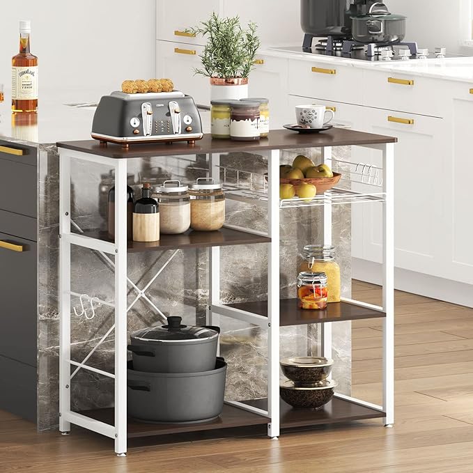 soges 3-Tier Kitchen Baker's Rack with Storage, Microwave Stand, Kitchen Storage Rack, Shelf Organizer, Coffee Bar Station, Workstation Cart, Walnut Black
