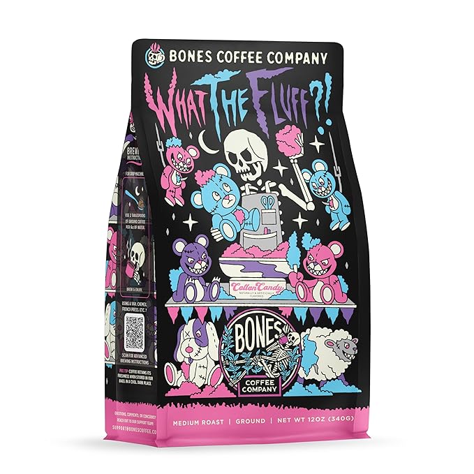 Bones Coffee Company What the Fluff?! Berry Cotton Candy Flavored Coffee, Medium Roast Low Acid Arabica Beans Compatible with Auto drip and French Press Coffee Maker, 12 Oz Ground