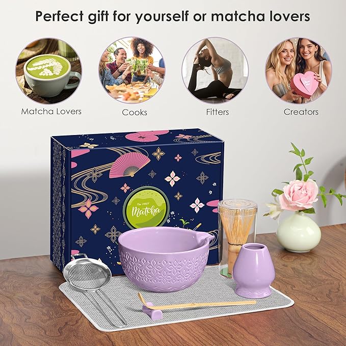 Matcha Whisk Set Matcha Kit - 7 Pcs Japanese Tea Set Includes Matcha Bowl with Spout,Bamboo Whisk with Ceramic Holder,Bamboo Scoop and Rest,Sifter,Tea Towel, for Ceremony Matcha Lovers Gift,Purple