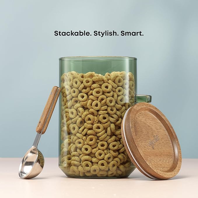 JoyJolt Holden 32oz Stackable Glass Storage Containers with Lids and Scoops, Airtight Food Canister Set of 3 w/Acacia Wood Lids, Round Stacking Pantry and Kitchen Containers w/Scoop | Sage Green