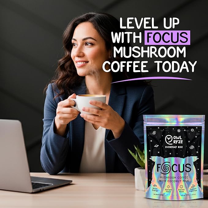 OwlRyze Mushroom Coffee Focus with Coconut Milk and 6 Adaptogenic Mushrooms, MCT Oil, Premium Instant Coffee for Better Energy, Focus, Digestion, Immunity with Lions Mane & Turkey Tail, 30 servings