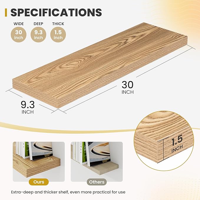 30 Inch Floating Shelves, 9.3" Deep Floating Shelf Wall Mounted, 30" Wall Shelves, Rustic Deep Bookshelf, Large Display Shelves & Storage Shelves for Bedroom, Living Room, Light Brown, Set of 2