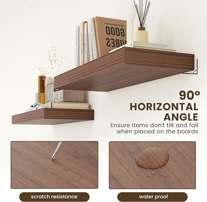 30 Inch Floating Shelves | 12 Inch Deep Walnut Floating Shelves Set of 2 | 30" W x 12" D Rustic Wood Shelves for Wall | Deep Walnut Shelves for Living Room Bathroom Laundry Room Kitchen