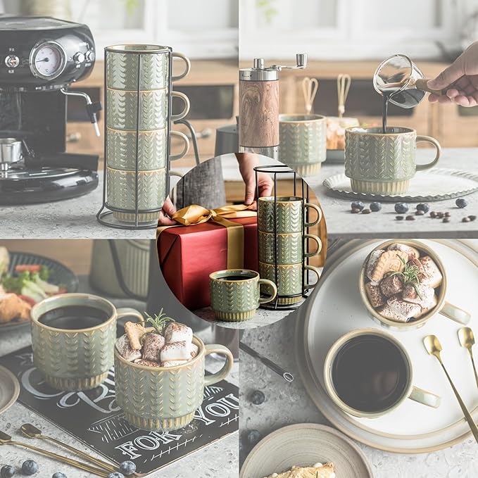 Coffee Mugs Set of 4 with Spoons & Rack, Stackable Espresso Cups 13oz Coffee Mug for Drinks Latte Cappuccino Tea, Turkish Coffee Cup for Housewarming Wedding Gift, Dishwasher Safe