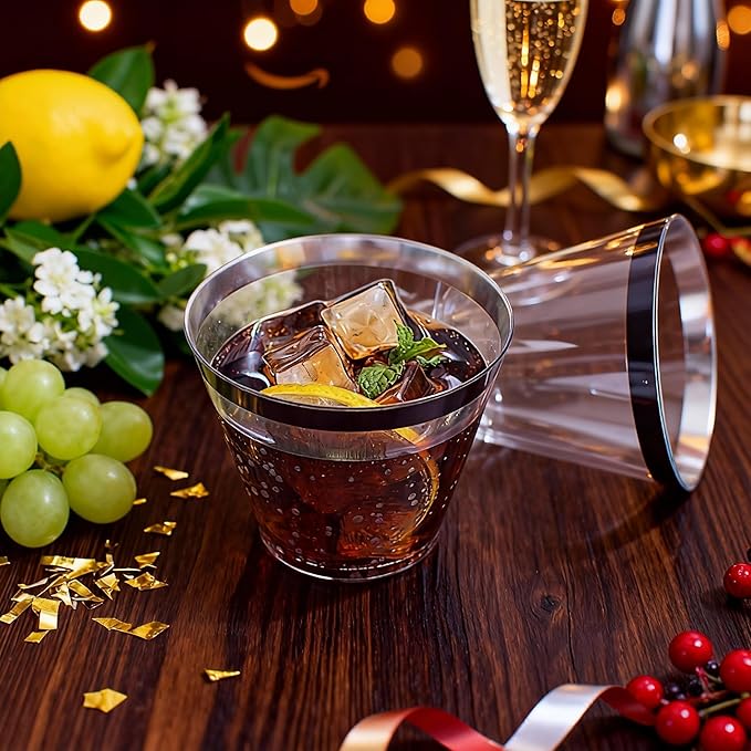 WELLIFE 120 PCS Black Plastic Cups,Disposable Cocktail Glasses,Plastic Wine Glasses Disposable,9 oz Clear Cups for Party and New Year