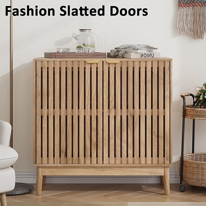 Sideboard Buffet Cabinet with Storage, Freestanding Kitchen Storage Cabinet with 2 Slatted Doors and Adjustable Shelves, Wooden Cupboard for Kitchen, Entryway (Slatted Door Natural)