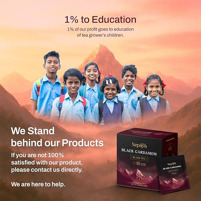 Nepaya Black Cardamom Black Tea – 15 Pyramid Tea Bags, Robust & Smoky, High Caffeine, Biodegradable, Himalayan Whole-Leaf Tea, Coffee Replacement